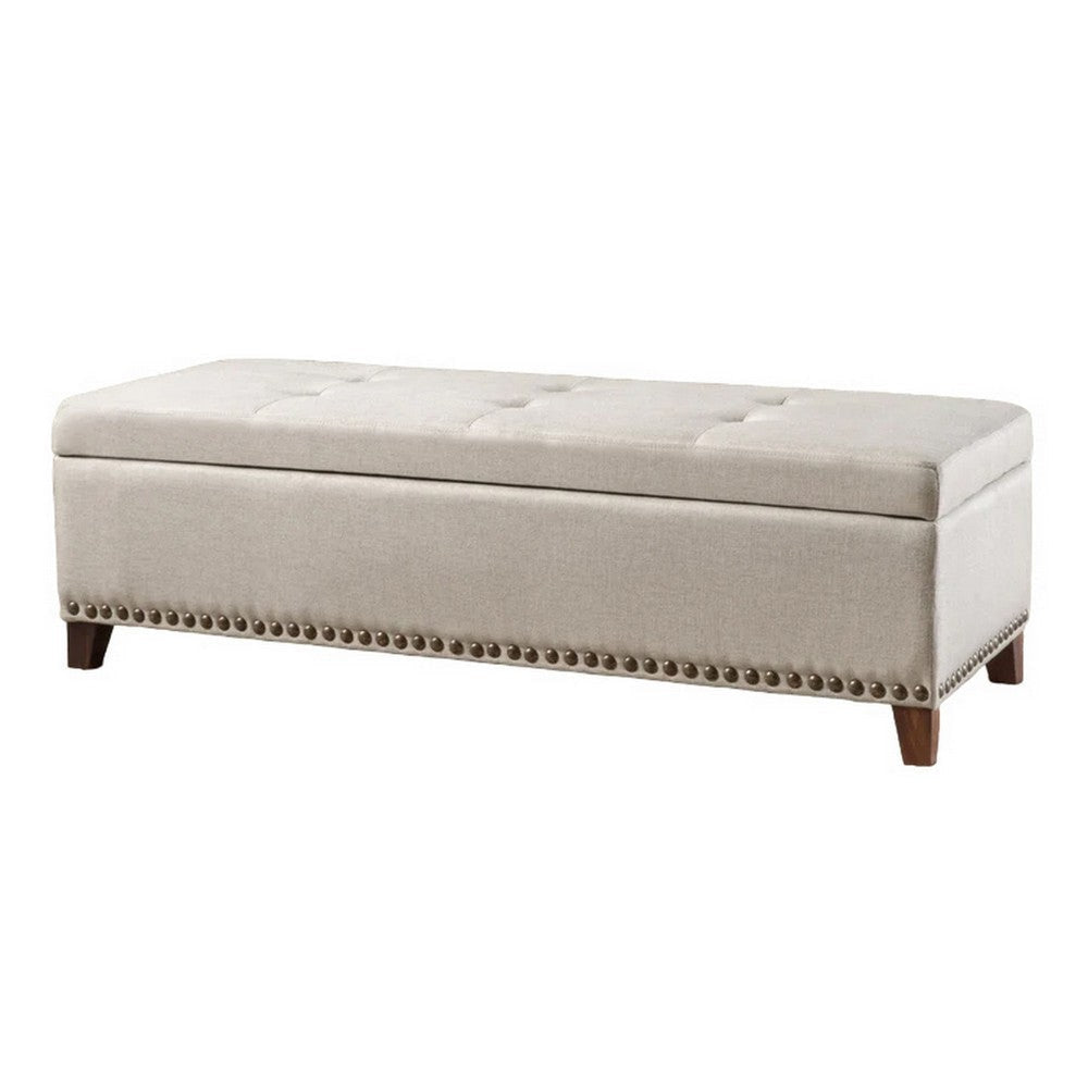 Nancy Storage Ottoman Bench 51 Inch Beige Fabric Brass Nailhead Trim BM324482