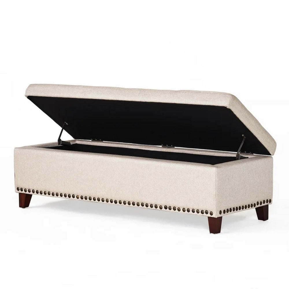 Nancy Storage Ottoman Bench 51 Inch Beige Fabric Brass Nailhead Trim BM324482