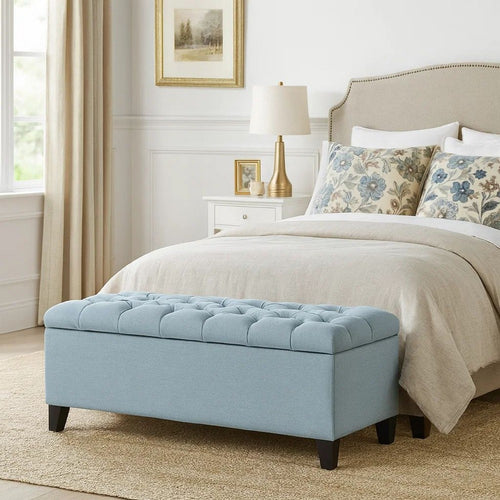 Elias Storage Ottoman Bench, 51 Inch Blue, Button Tufted Seat, Black