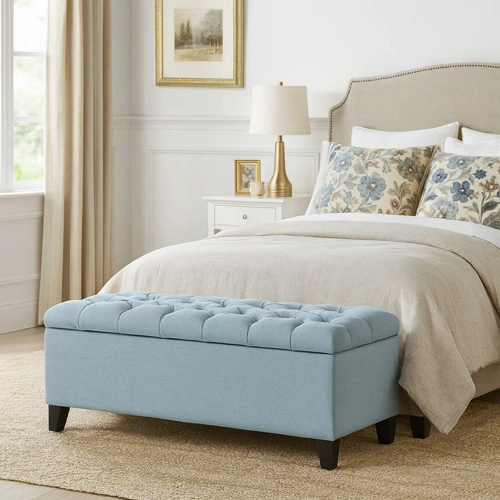 Elias Storage Ottoman Bench, 51 Inch Blue, Button Tufted Seat, Black