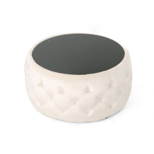 Ottoman Coffee Table, Beige Tufted Velvet, 30 Inch Round Glass Top