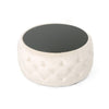 Ottoman Coffee Table, Beige Tufted Velvet, 30 Inch Round Glass Top