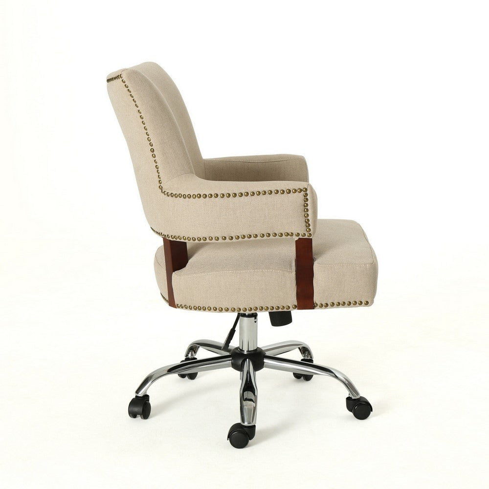 Lini Rolling Office Chair, Beige, Nailhead Trim, Swivel, Chrome Metal
