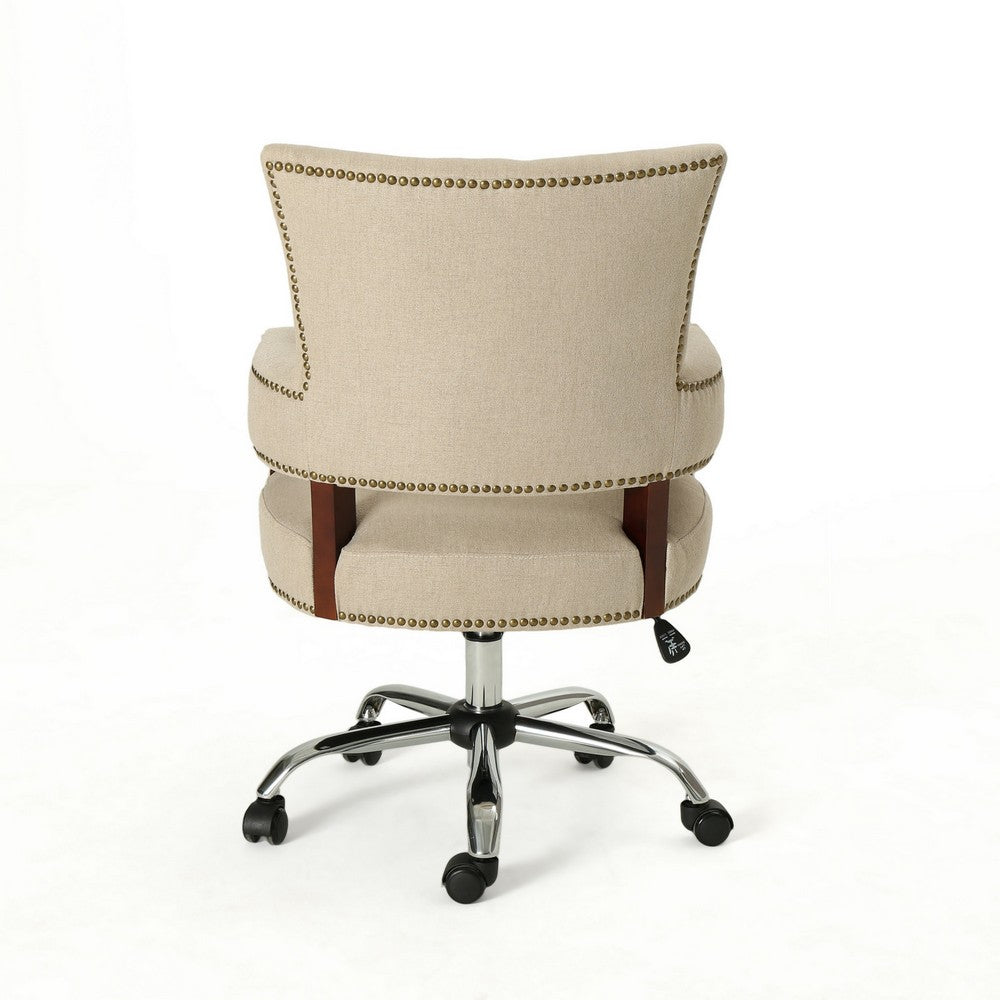 Lini Rolling Office Chair, Beige, Nailhead Trim, Swivel, Chrome Metal