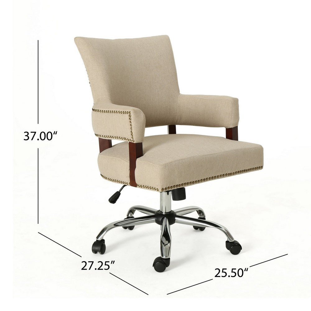 Lini Rolling Office Chair, Beige, Nailhead Trim, Swivel, Chrome Metal