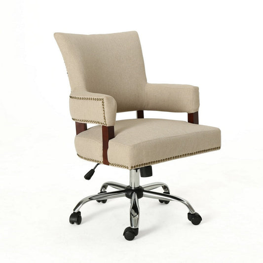 Lini Rolling Office Chair, Beige, Nailhead Trim, Swivel, Chrome Metal