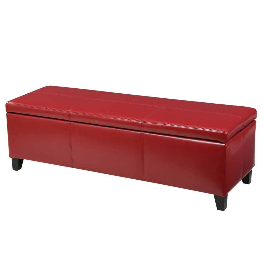 Elias Storage Ottoman Bench, 51 Inch Plush Cherry Red Faux Leather
