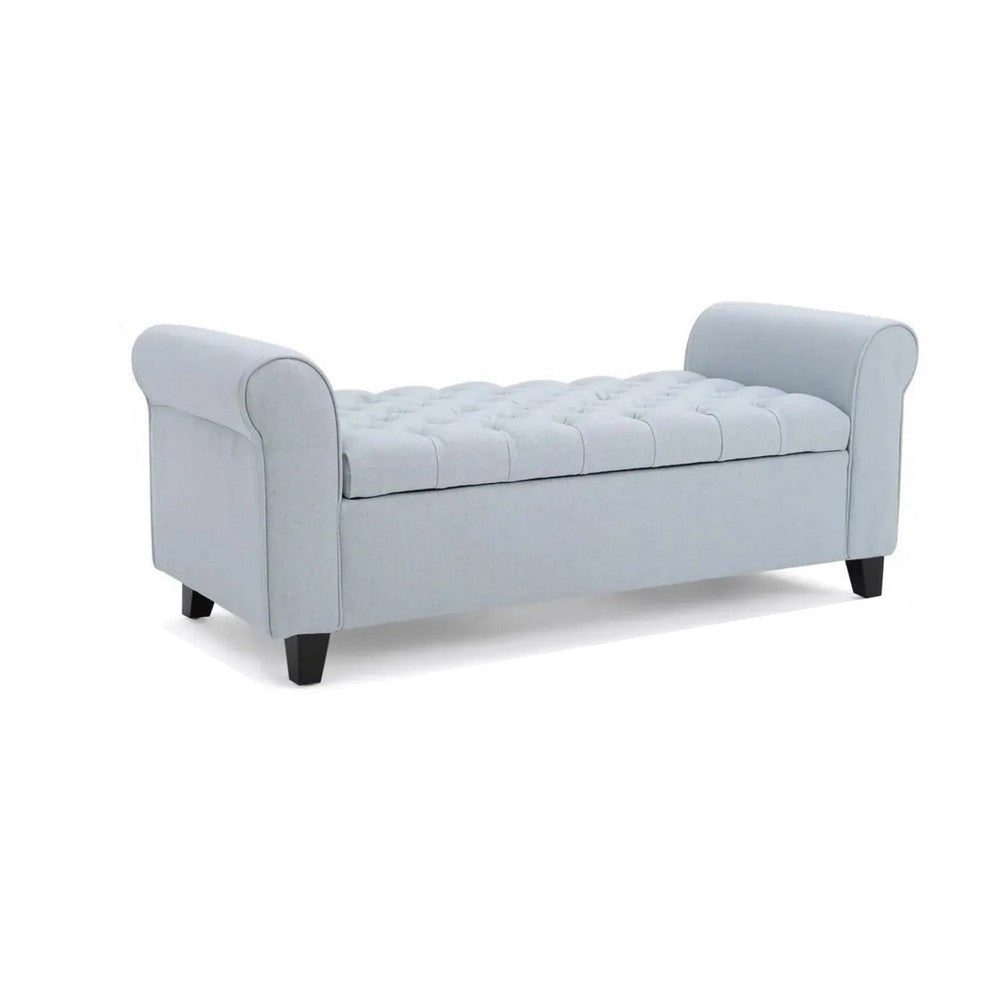 Storage Ottoman Bench, 50 Inch Light Blue, Rolled Arms, Black Wood
