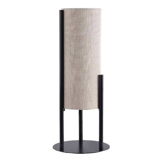 Modern Table Lamp, Upright Beige Linen Drum Shade, Black Metal 22"