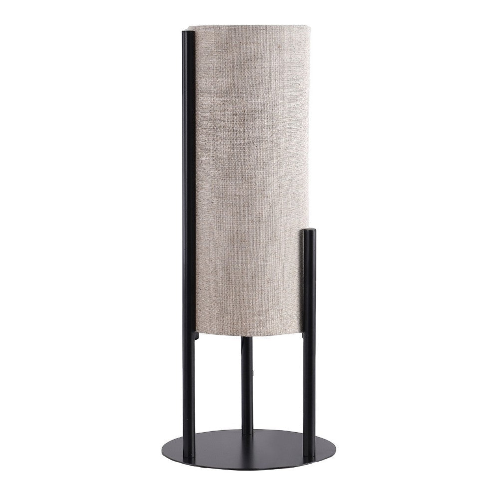 Modern Table Lamp, Upright Beige Linen Drum Shade, Black Metal 22"