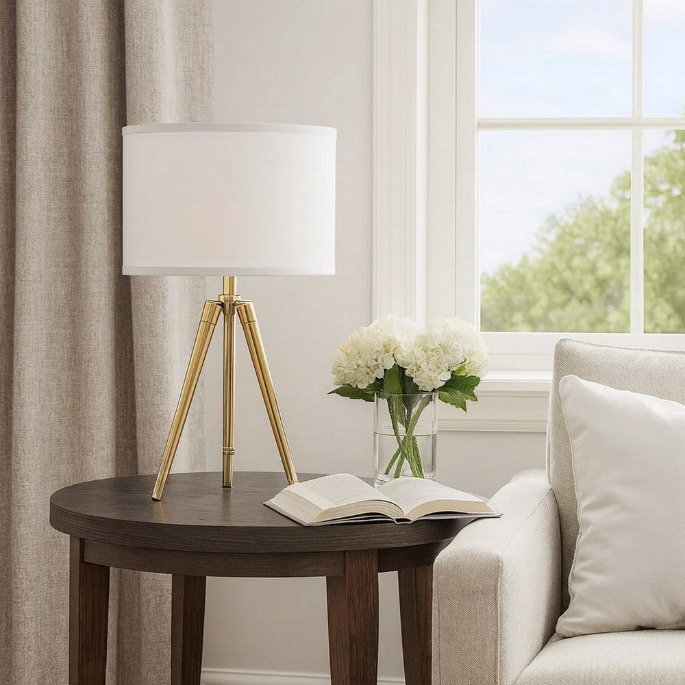 Kera Table Lamp, White Drum Shade, Classic Brass Gold Tripod Base 39"