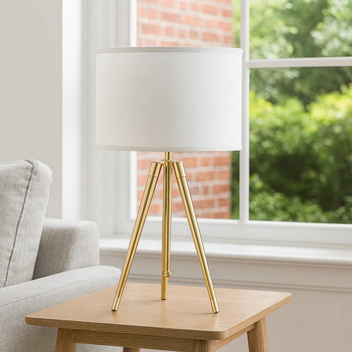 Kera Table Lamp, White Drum Shade, Classic Brass Gold Tripod Base 39"