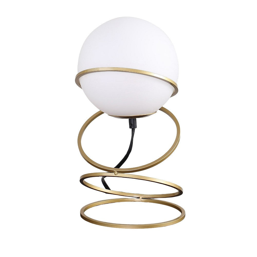 Table Lamp, White Glass Globe, Modern 4 Spiral Ring Accented Base 14"