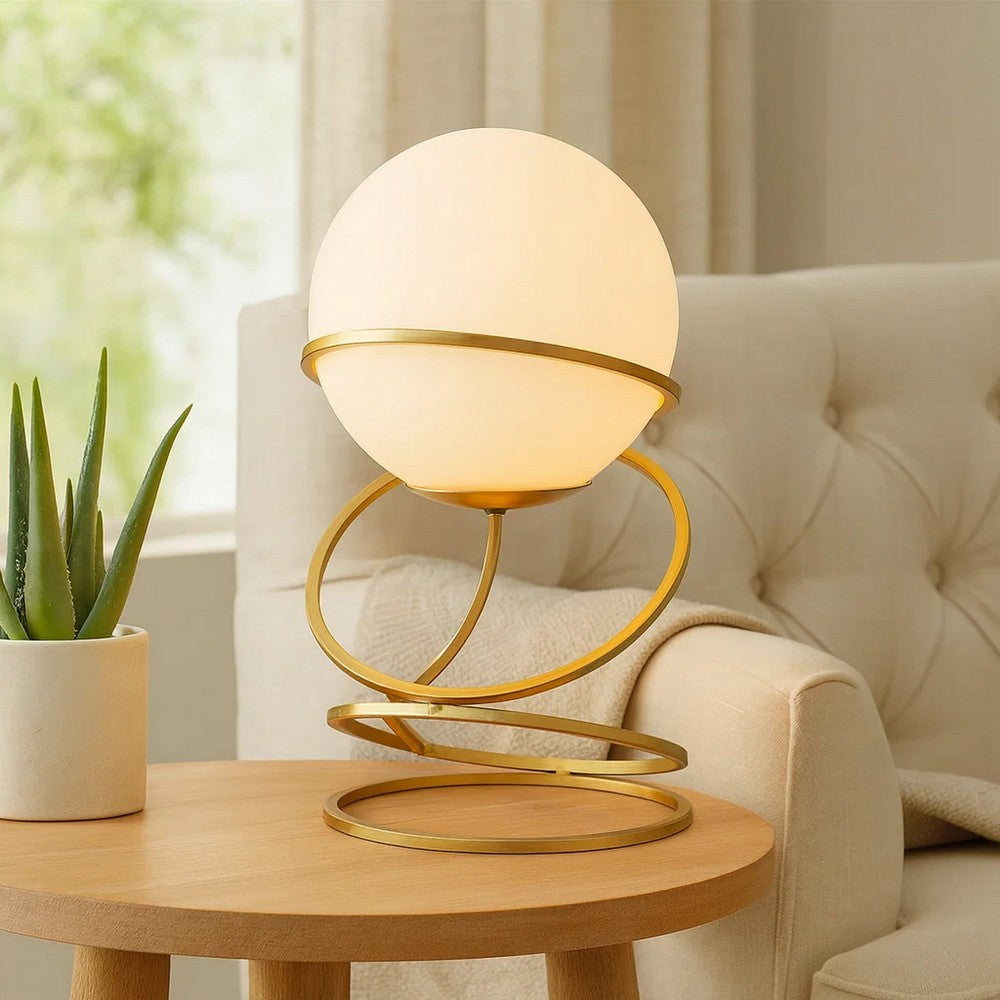 Table Lamp, White Glass Globe, Modern 4 Spiral Ring Accented Base 14"