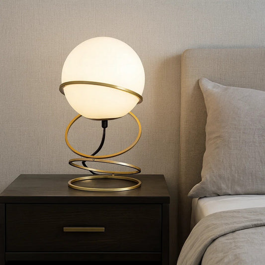 Table Lamp, White Glass Globe, Modern 4 Spiral Ring Accented Base 14"