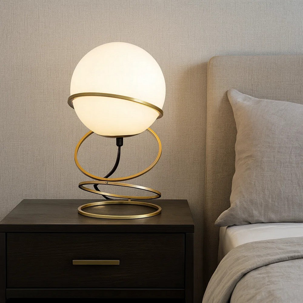 Table Lamp, White Glass Globe, Modern 4 Spiral Ring Accented Base 14"