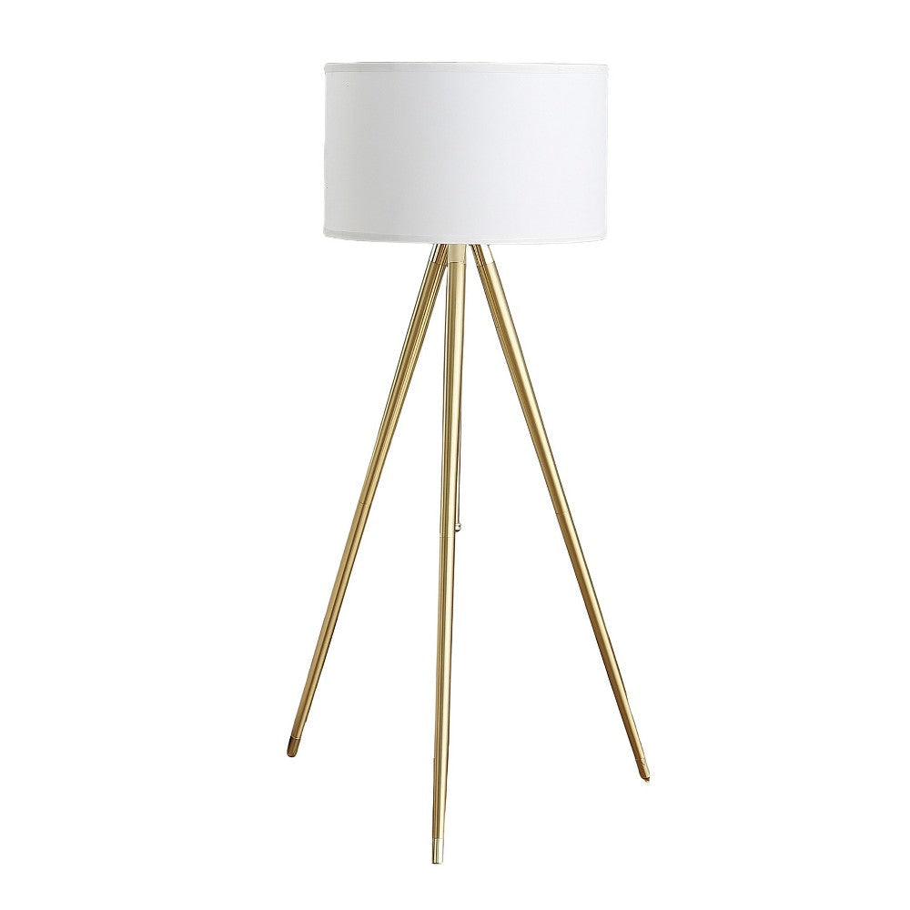 Kera Floor Lamp, White Drum Shade, Modern Brass Gold Tripod Base 64"