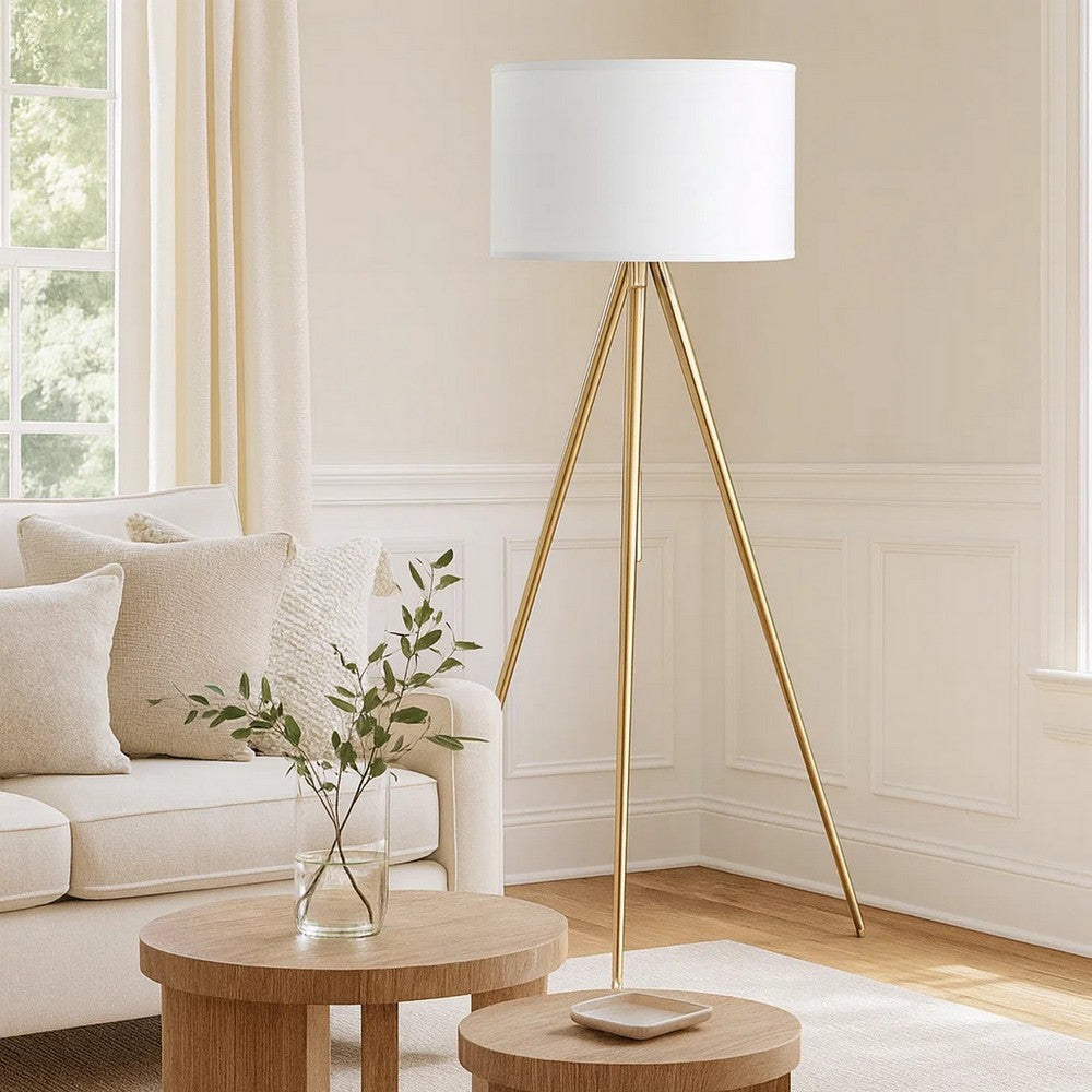 Kera Floor Lamp, White Drum Shade, Modern Brass Gold Tripod Base 64"