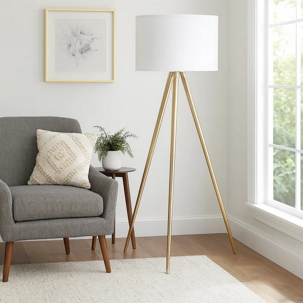 Kera Floor Lamp, White Drum Shade, Modern Brass Gold Tripod Base 64"
