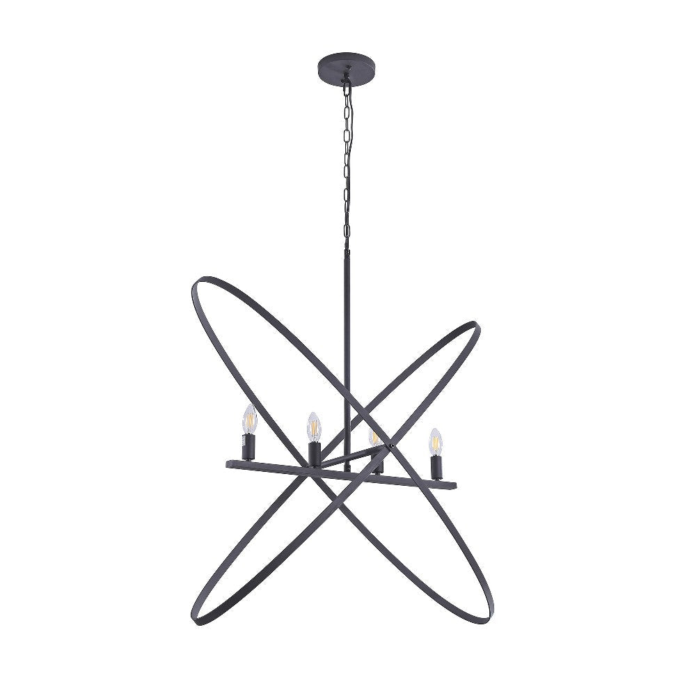 Modern Chandelier, 4 LED Light, Black Cross Bands, Brass Metal 38"