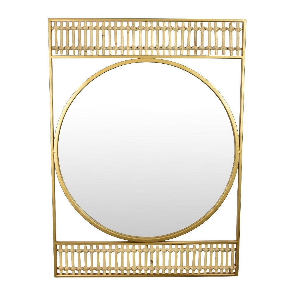 Zine Wall Mirror Decor, Round Glass, Woven Border, 19 x 27 Gold Metal