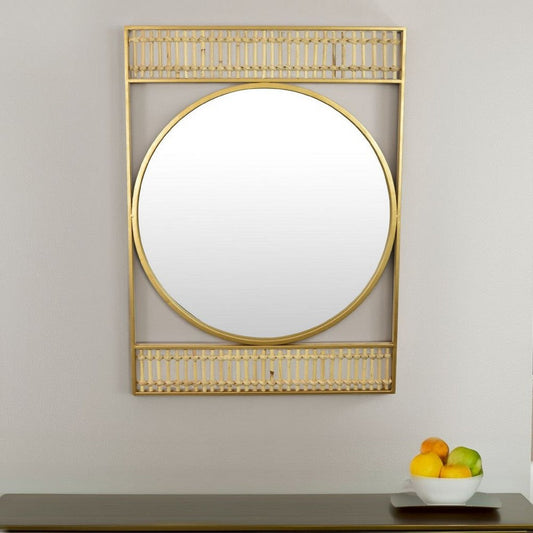 Zine Wall Mirror Decor, Round Glass, Woven Border, 19 x 27 Gold Metal