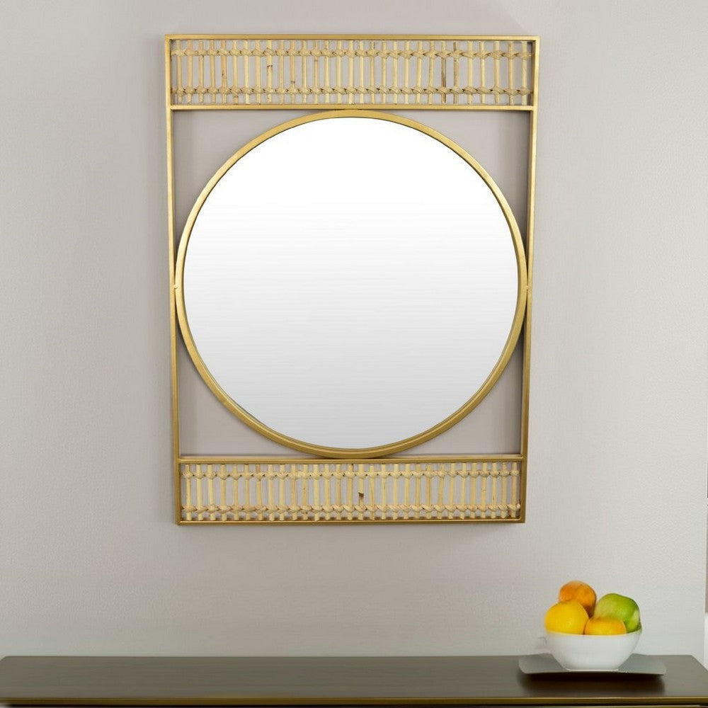 Zine Wall Mirror Decor, Round Glass, Woven Border, 19 x 27 Gold Metal