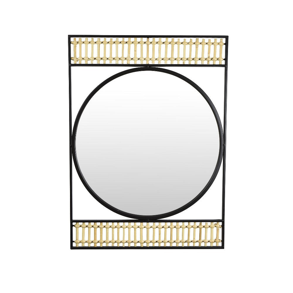 Zine Mirror Wall Decor, Round Glass, Woven Border, 19 x 27 Black Metal