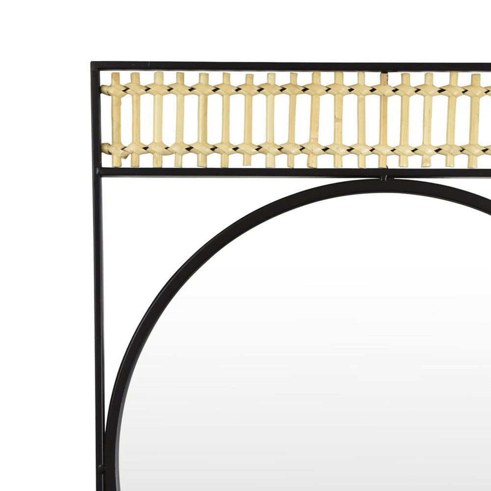 Zine Mirror Wall Decor Round Glass Woven Border 19 x 27 Black Metal