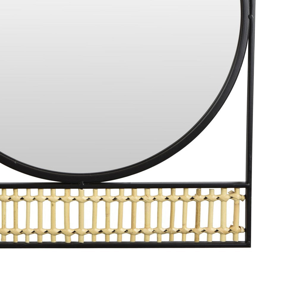 Zine Mirror Wall Decor Round Glass Woven Border 19 x 27 Black Metal