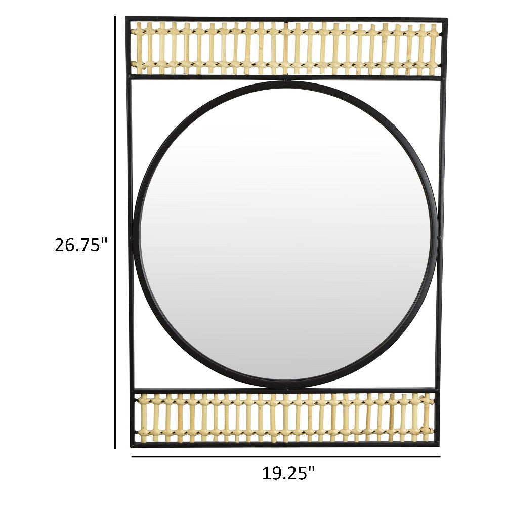Zine Mirror Wall Decor Round Glass Woven Border 19 x 27 Black Metal