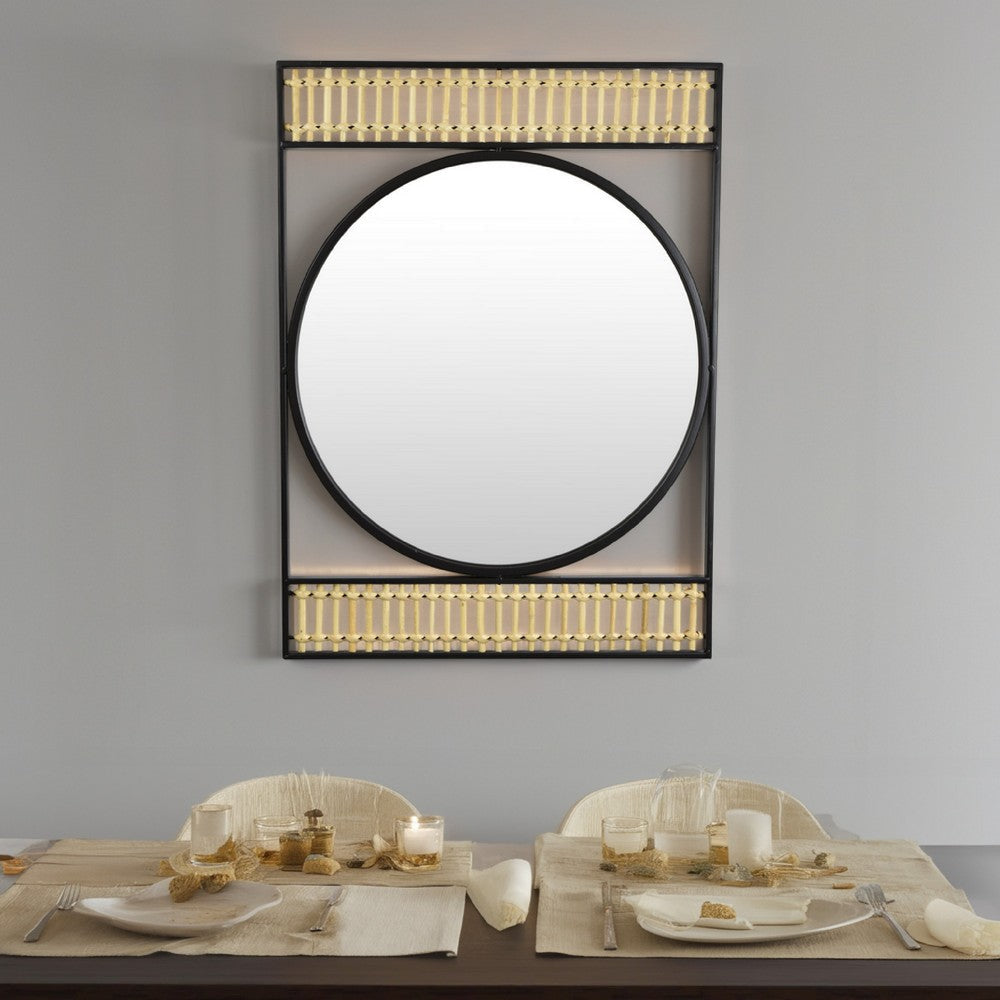 Zine Mirror Wall Decor, Round Glass, Woven Border, 19 x 27 Black Metal