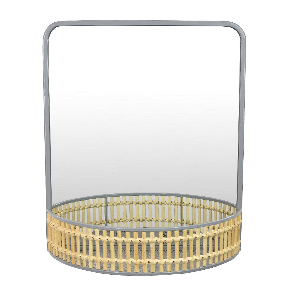 Elpis Wall Mirror Decor with Woven Shelf, 20" Tall, Gray Metal
