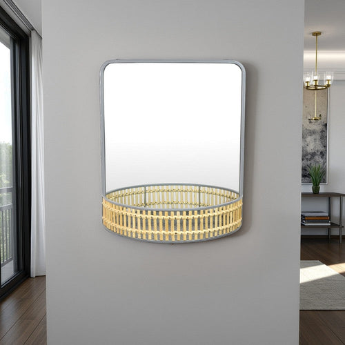 Elpis Wall Mirror Decor with Woven Shelf, 20" Tall, Gray Metal