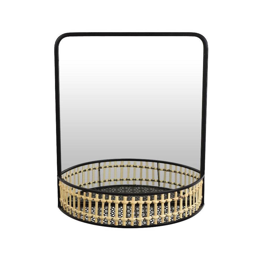 Elpis Wall Mirror Decor with Woven Shelf, 20" Tall, Black Metal