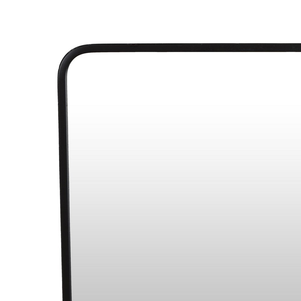 Elpis Wall Mirror Decor with Woven Shelf 20’’ Tall Black Metal