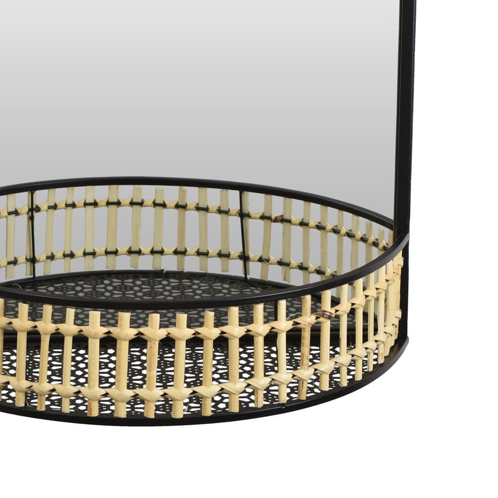 Elpis Wall Mirror Decor with Woven Shelf 20’’ Tall Black Metal