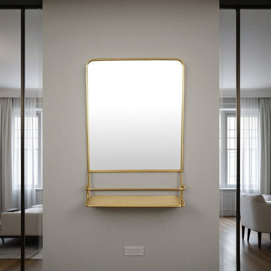 Rectangular Wall Mirror Decoration with Shelf, 17 x 24, Gold Metal