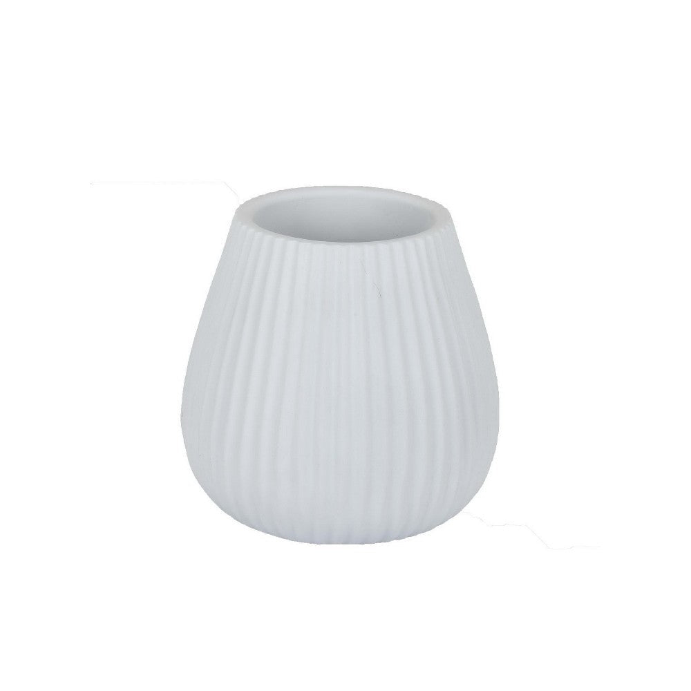 Azra Vase with Ribbed Texture and Wide Mouth Opening, 8" White Resin
