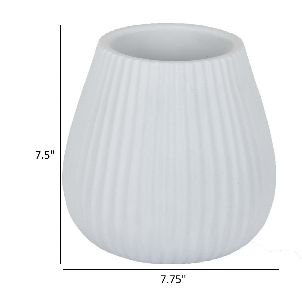 Azra Vase with Ribbed Texture and Wide Mouth Opening 8’’ White Resin BM324532