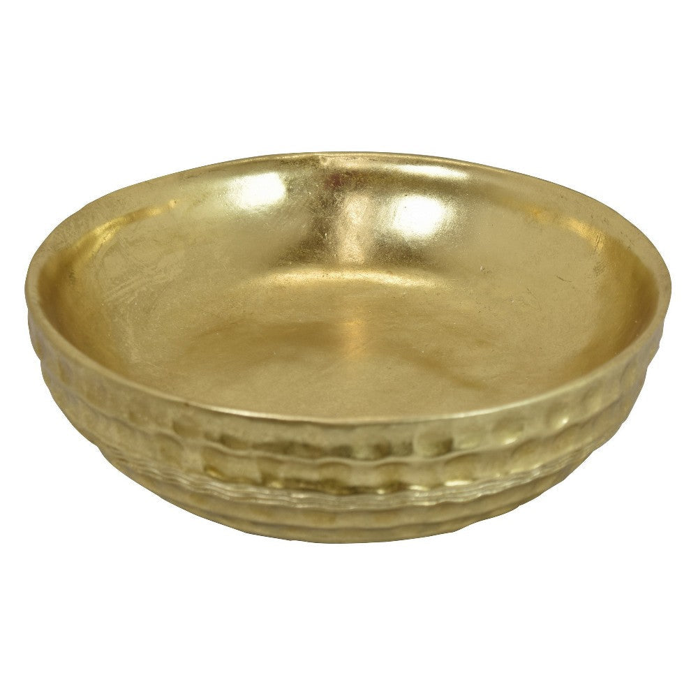 Round Tray with Hammered Accents, Vintage Details, 14" Gold Resin