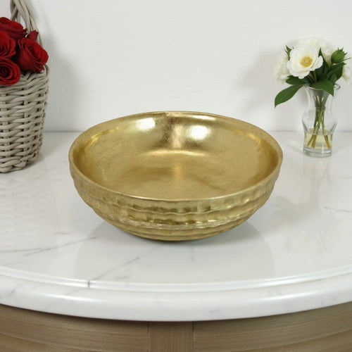 Round Tray with Hammered Accents, Vintage Details, 14" Gold Resin