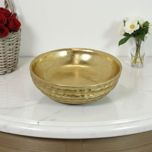Round Tray with Hammered Accents, Vintage Details, 14" Gold Resin