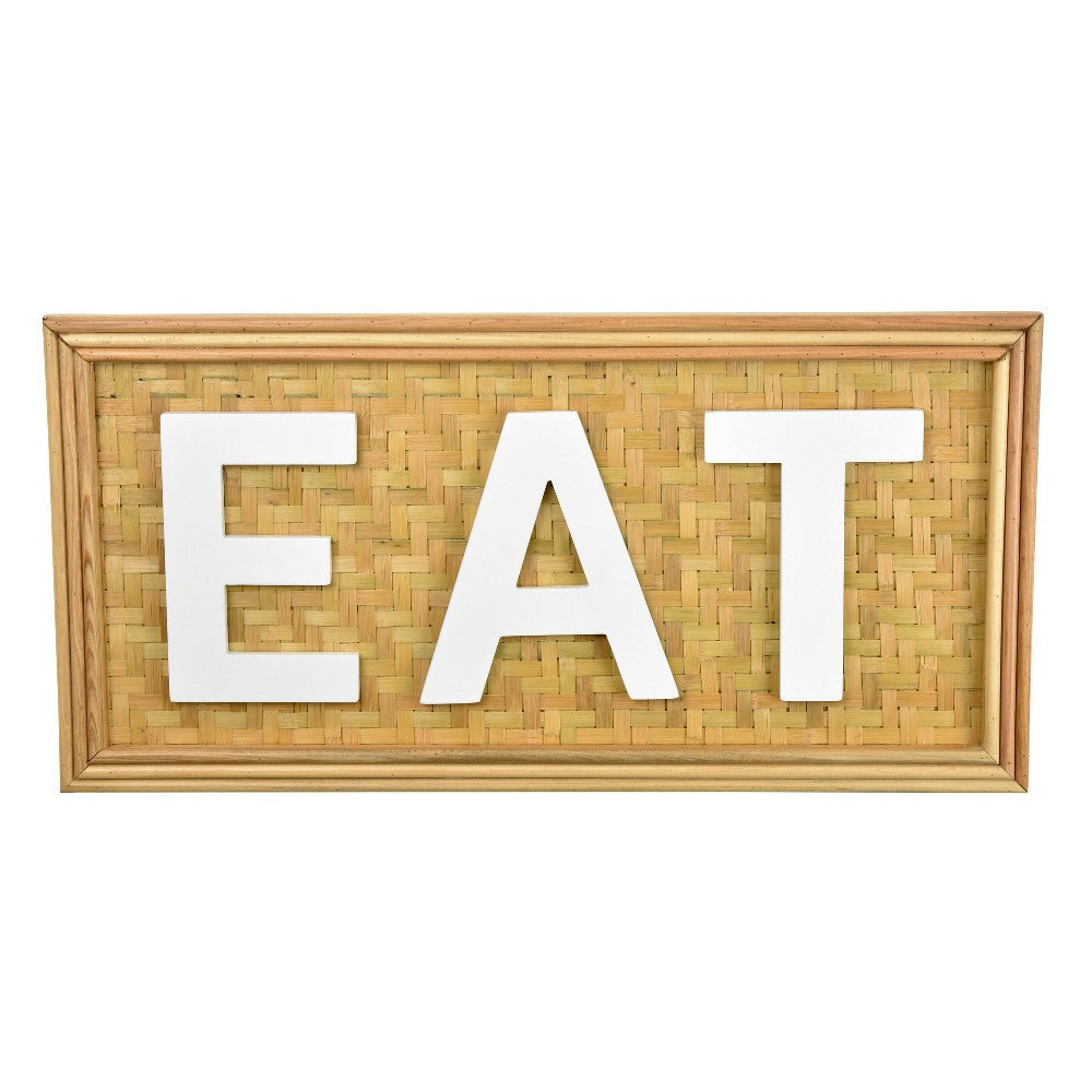 Eat Wall Decor Sign, 24" Brown Wood Background, White Woven Text