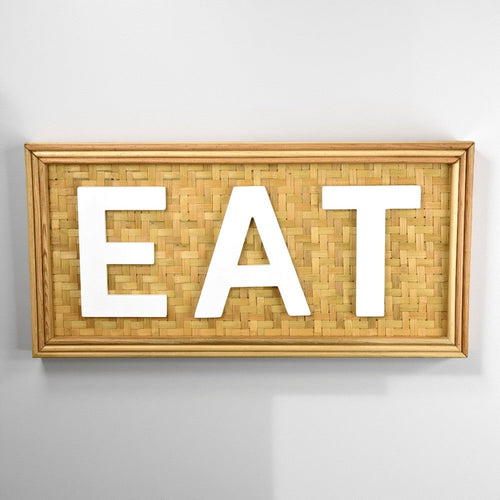 Eat Wall Decor Sign, 24" Brown Wood Background, White Woven Text