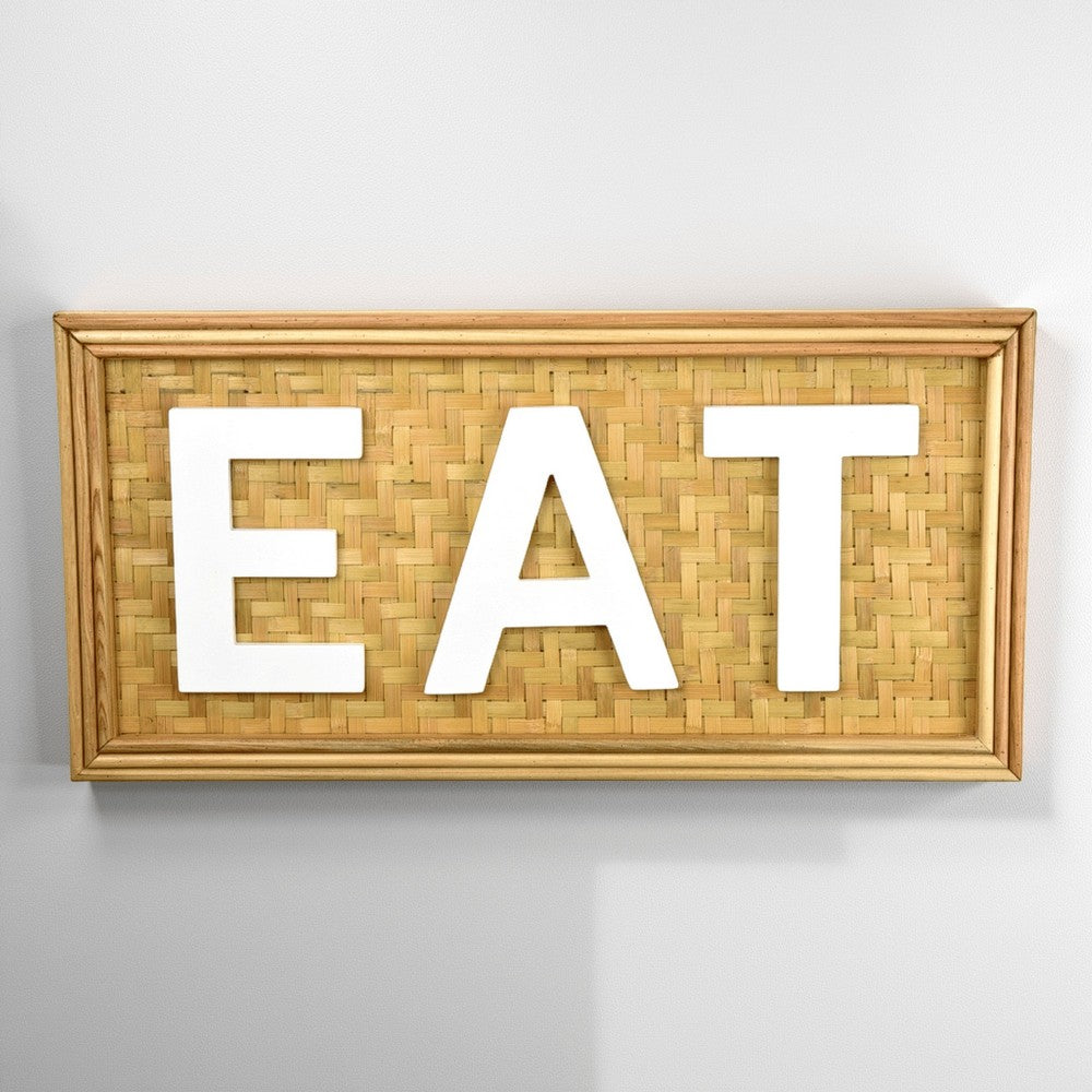 Eat Wall Decor Sign, 24" Brown Wood Background, White Woven Text