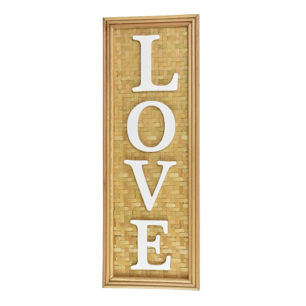 Love Wall Decor Sign, 10x28" Brown Wood Background, White Woven Text