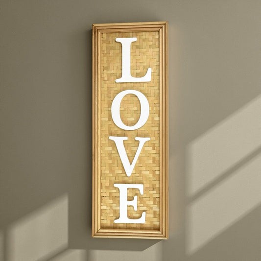 Love Wall Decor Sign, 10x28" Brown Wood Background, White Woven Text