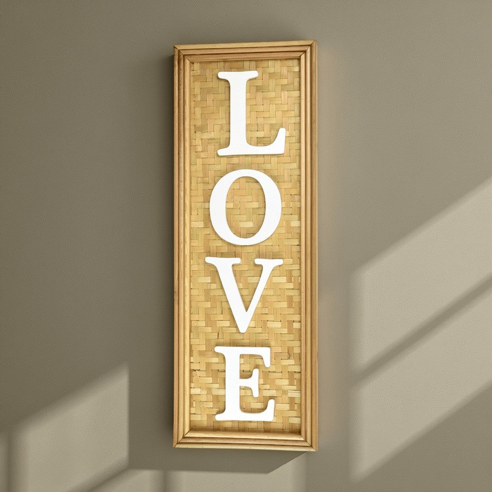 Love Wall Decor Sign, 10x28" Brown Wood Background, White Woven Text