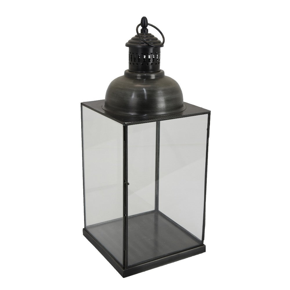 Laila Lantern, Black Metal Frame, Glass Panels, Square Base, 20" Tall